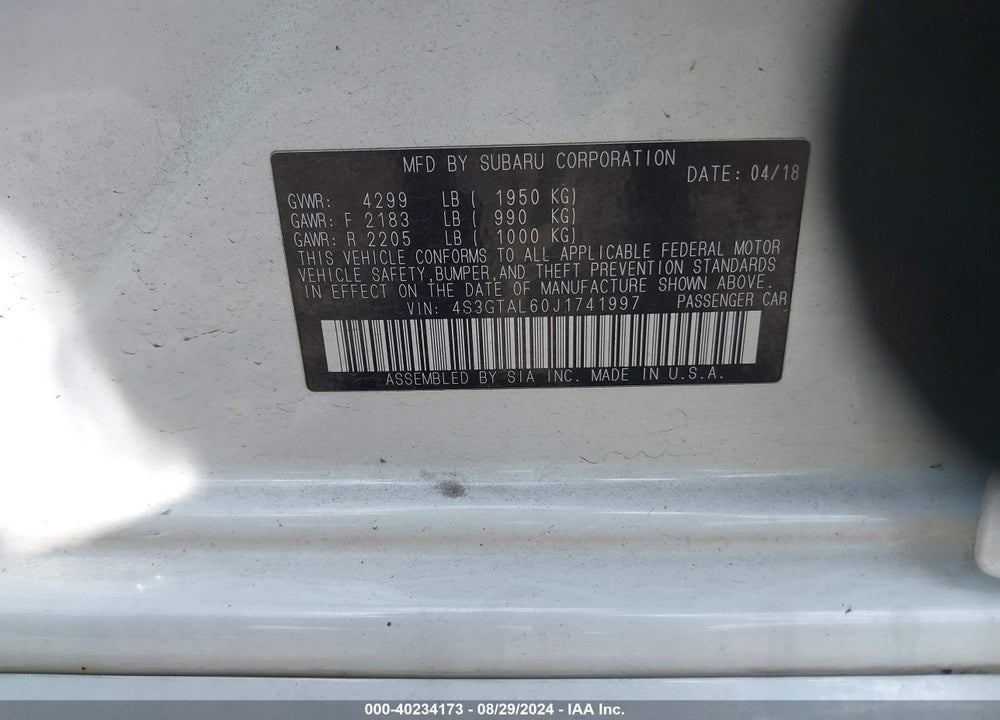 2018 SUBARU IMPREZA 2.0I SPORT VIN: 4S3GTAL60J1741997