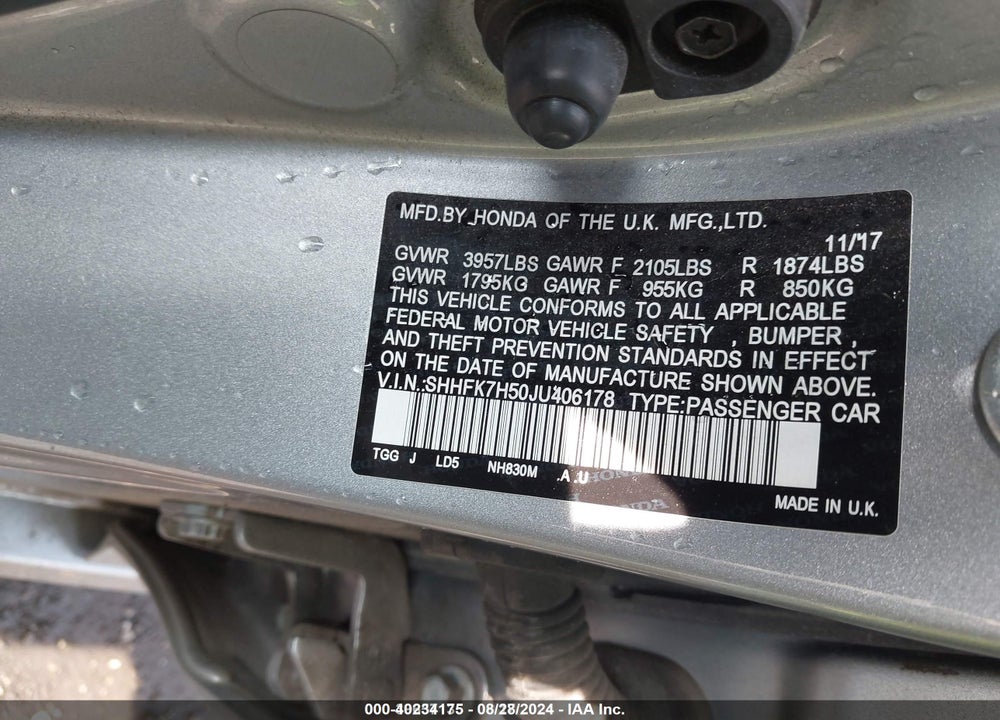 2018 HONDA CIVIC EX VIN: SHHFK7H50JU406178