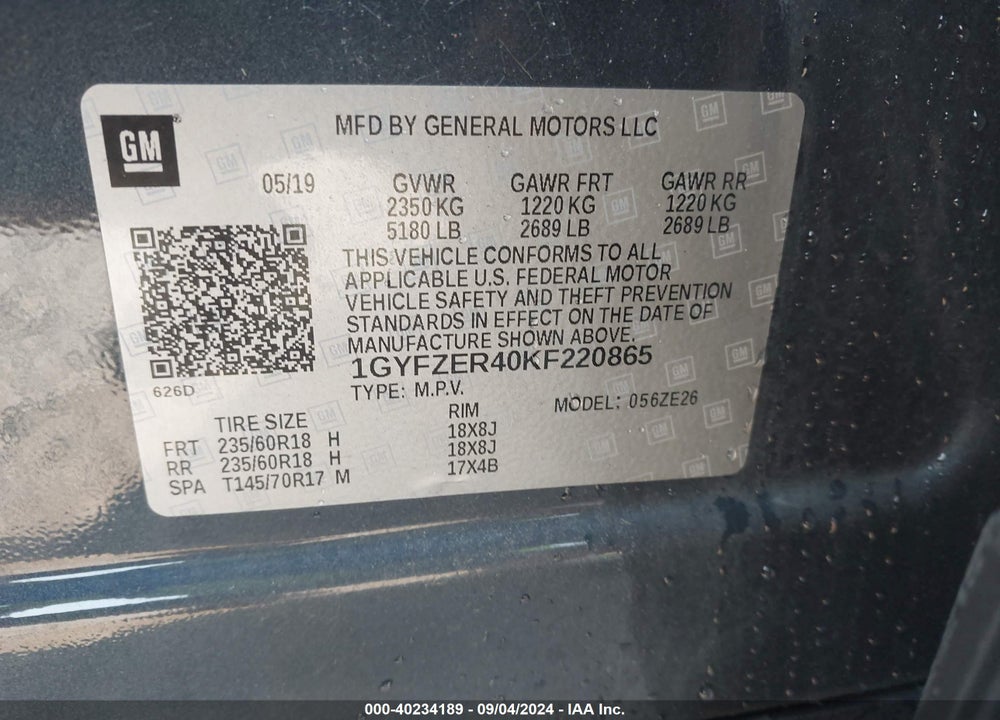 2019 CADILLAC XT4 SPORT VIN: 1GYFZER40KF220865
