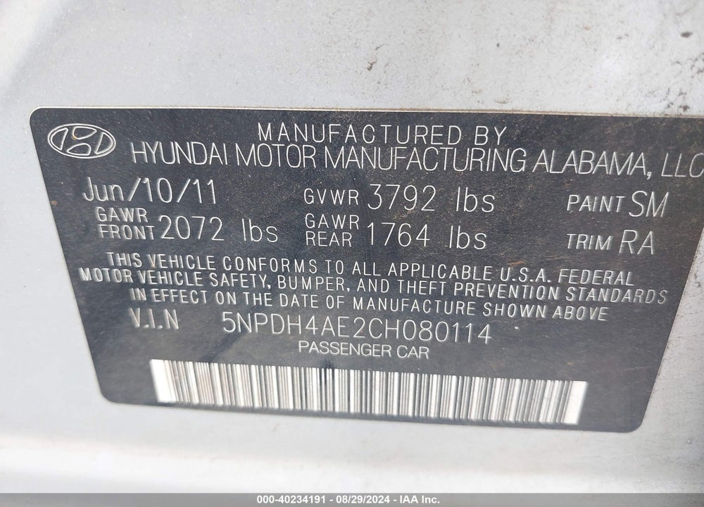 2012 HYUNDAI ELANTRA GLS VIN: 5NPDH4AE2CH080114
