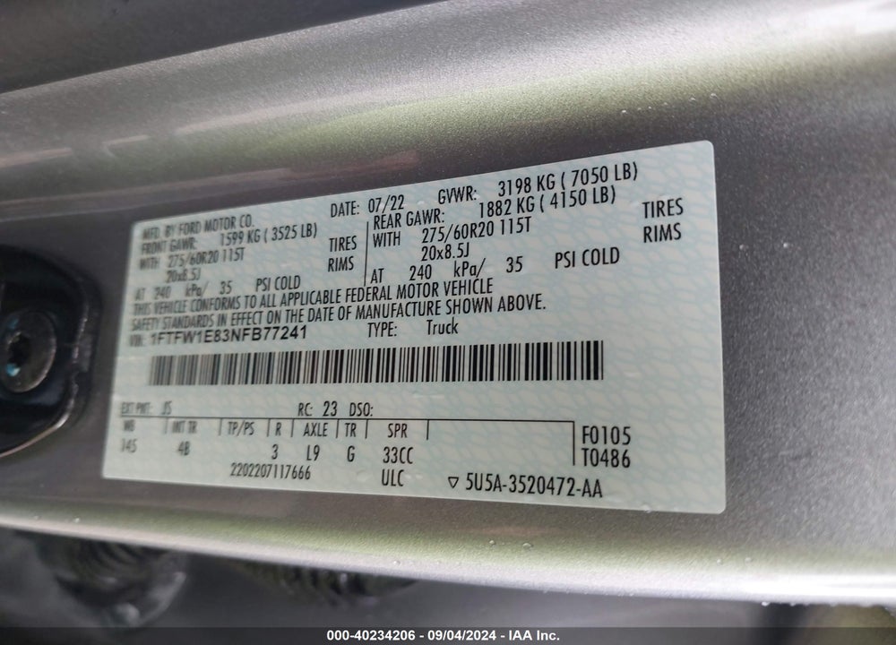2022 FORD F-150 XLT VIN: 1FTFW1E83NFB77241