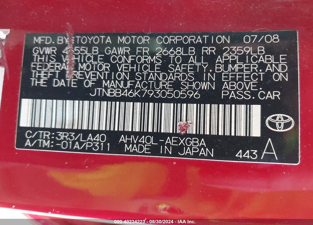2009 TOYOTA CAMRY HYBRID VIN: JTNBB46K793050596