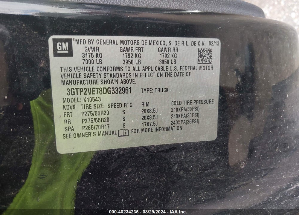 2013 GMC SIERRA 1500 VIN: 3GTP2VE78DG332961