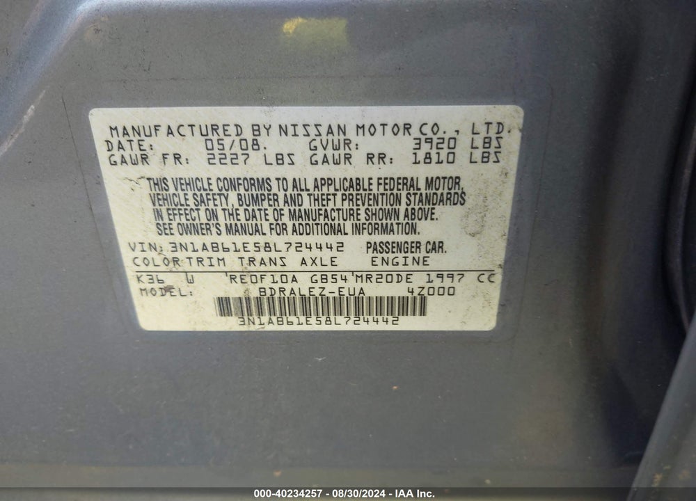 2008 NISSAN SENTRA 2.0S VIN: 3N1AB61E58L724442