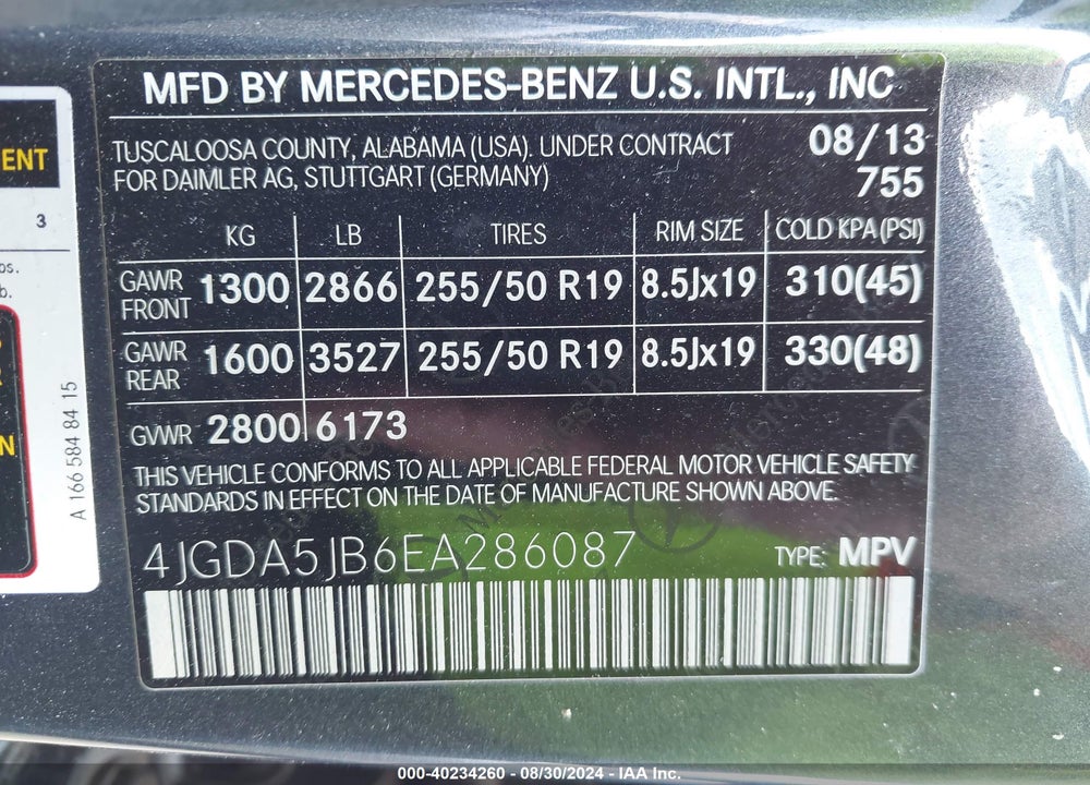 2014 MERCEDES-BENZ ML 350 VIN: 4JGDA5JB6EA286087