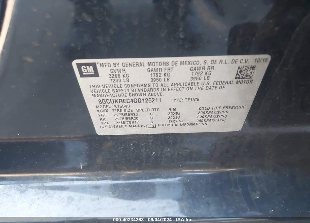 2016 CHEVROLET SILVERADO 1500 2LT VIN: 3GCUKREC4GG126211
