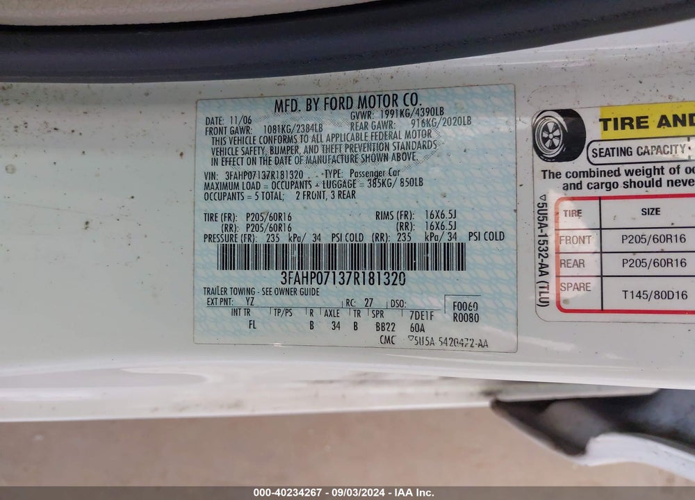 2007 FORD FUSION SE VIN: 3FAHP07137R181320