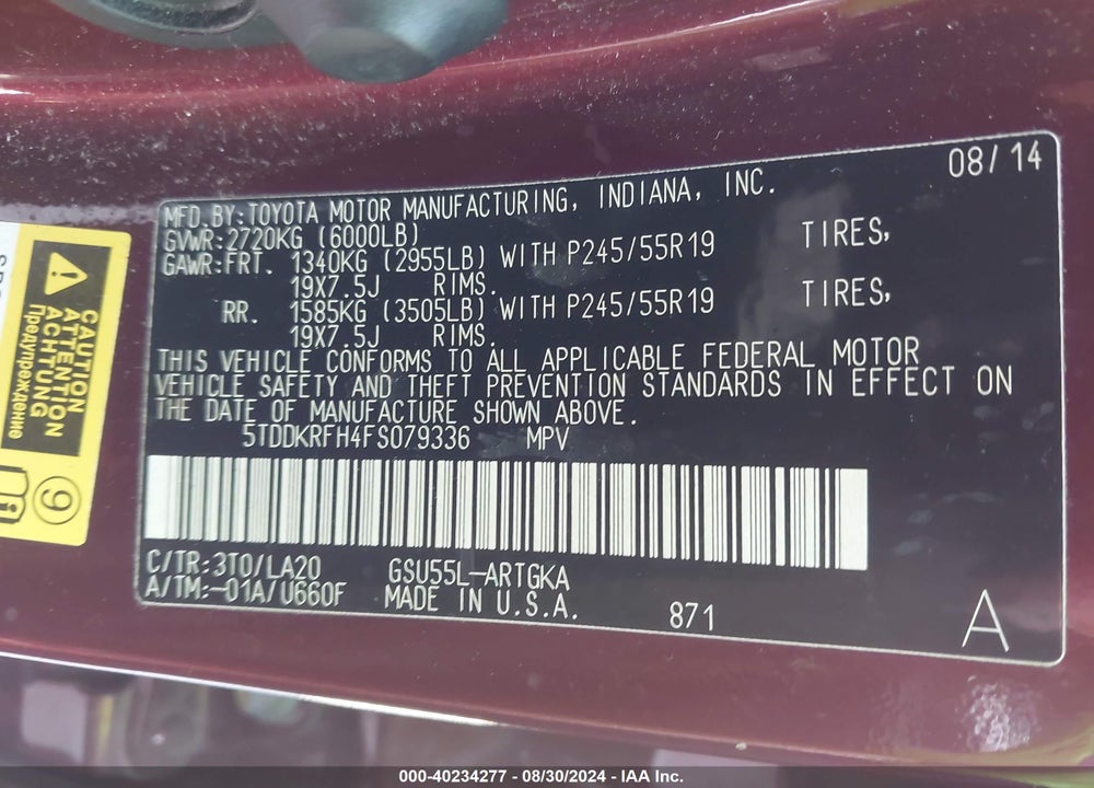 2015 TOYOTA HIGHLANDER LIMITED V6 VIN: 5TDDKRFH4FS079336