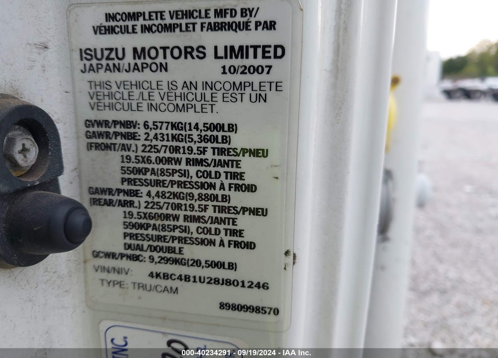 2008 CHEVROLET W4500 HD GAS REG VIN: 4KBC4B1U28J801246