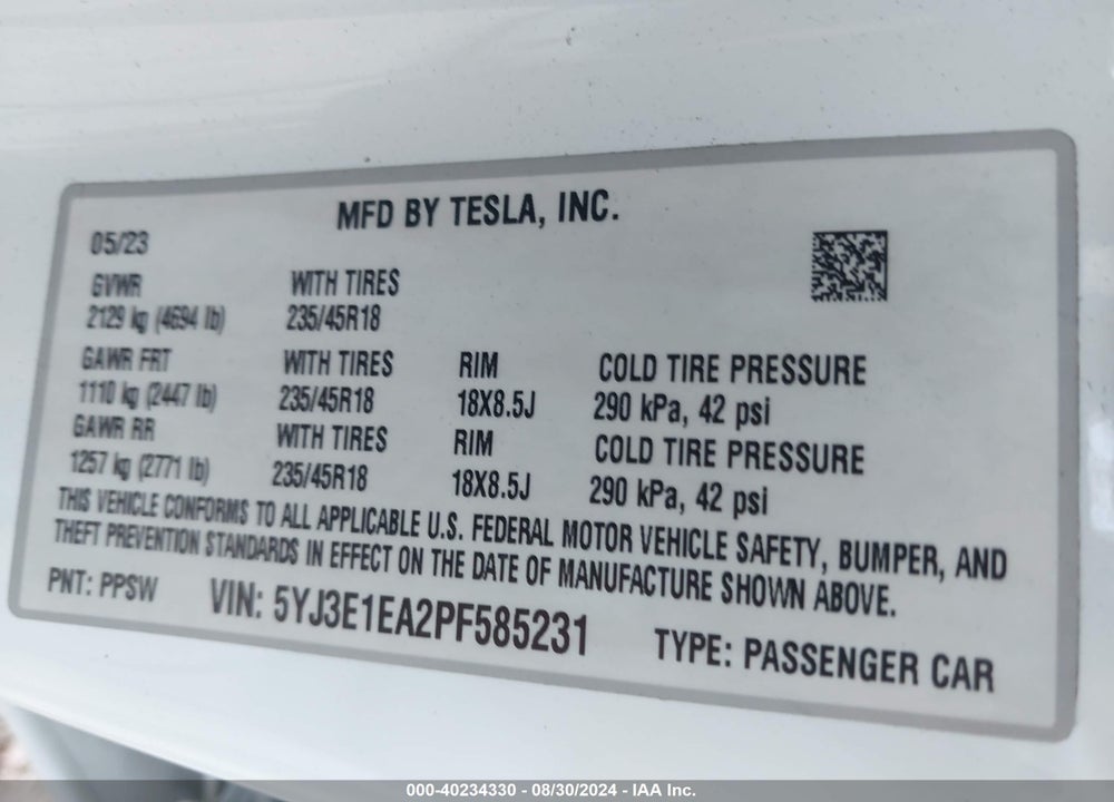 2023 TESLA MODEL 3 REAR-WHEEL DRIVE VIN: 5YJ3E1EA2PF585231