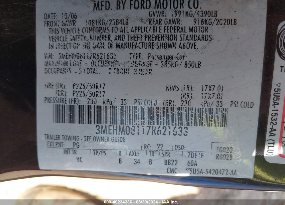 2007 MERCURY MILAN V6 PREMIER VIN: 3MEHM08117R621633
