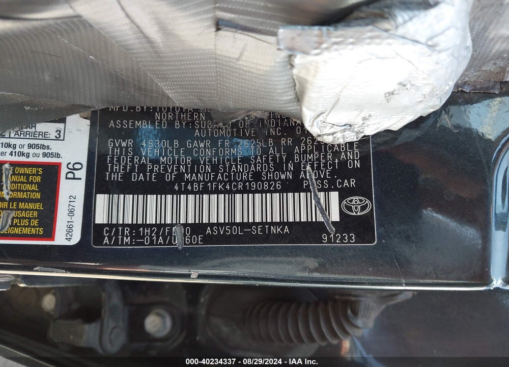 2012 TOYOTA CAMRY LE VIN: 4T4BF1FK4CR190826