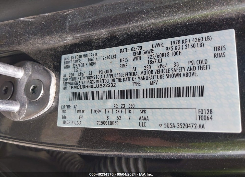 2020 FORD ESCAPE SEL VIN: 1FMCU0H60LUB22232