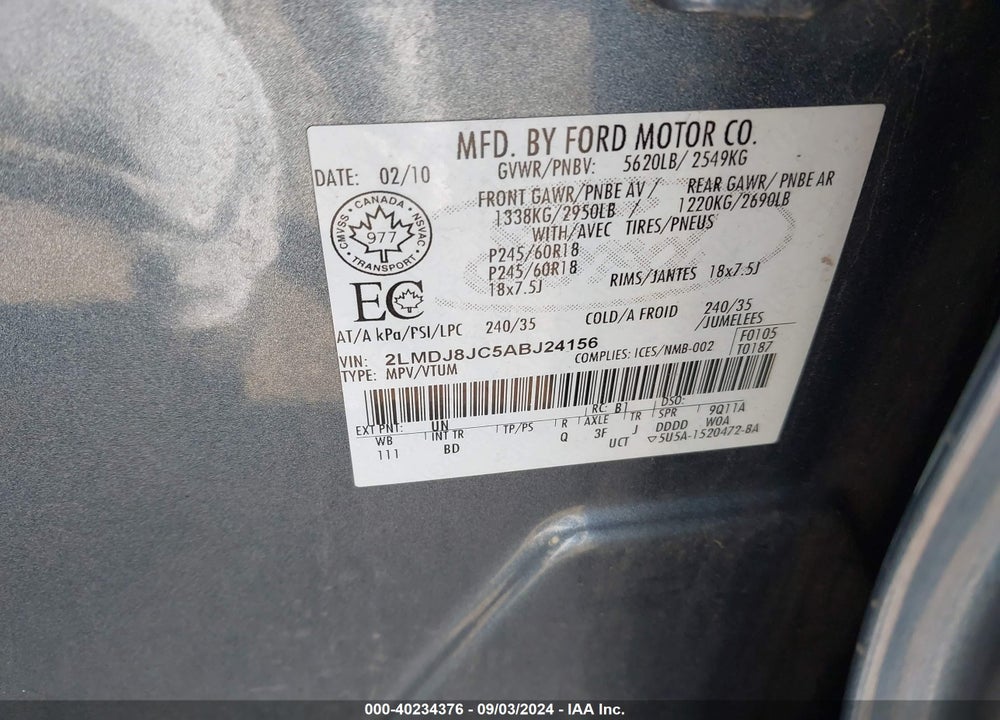 2010 LINCOLN MKX VIN: 2LMDJ8JC5ABJ24156