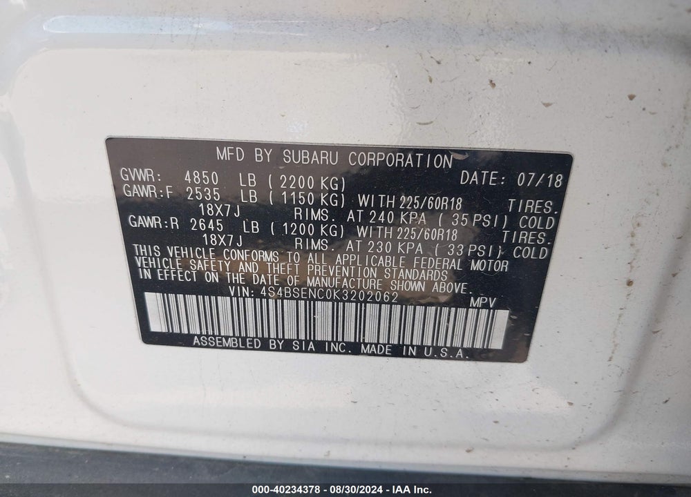 2019 SUBARU OUTBACK 3.6R LIMITED VIN: 4S4BSENC0K3202062