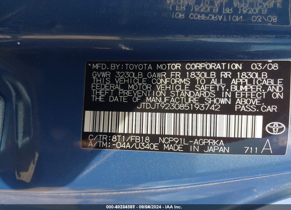 2008 TOYOTA YARIS VIN: JTDJT923085193742