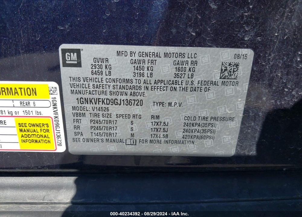 2016 CHEVROLET TRAVERSE LS VIN: 1GNKVFKD9GJ136720