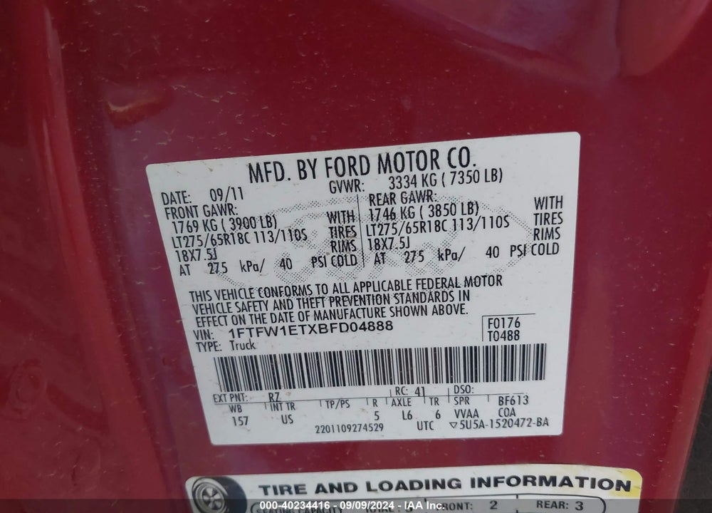 2011 FORD F-150 XLT VIN: 1FTFW1ETXBFD04888