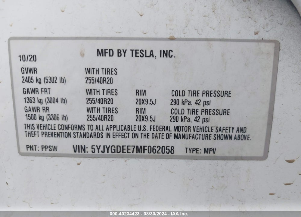 2021 TESLA MODEL Y LONG RANGE DUAL MOTOR ALL-WHEEL DRIVE VIN: 5YJYGDEE7MF062058