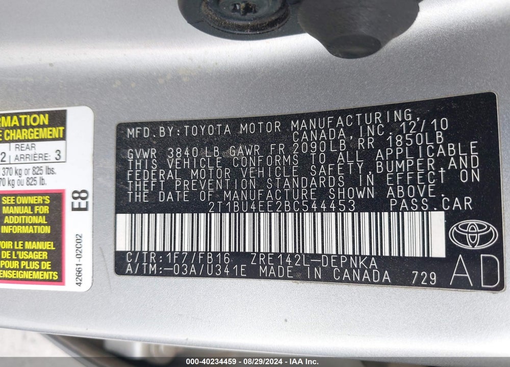 2011 TOYOTA COROLLA LE VIN: 2T1BU4EE2BC544453