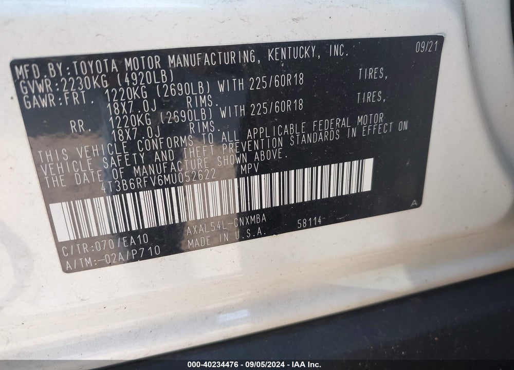 2021 TOYOTA RAV4 HYBRID XLE PREMIUM VIN: 4T3B6RFV6MU052622