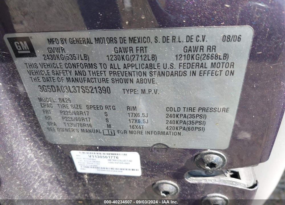 2007 BUICK RENDEZVOUS CXL VIN: 3G5DA03L37S521390