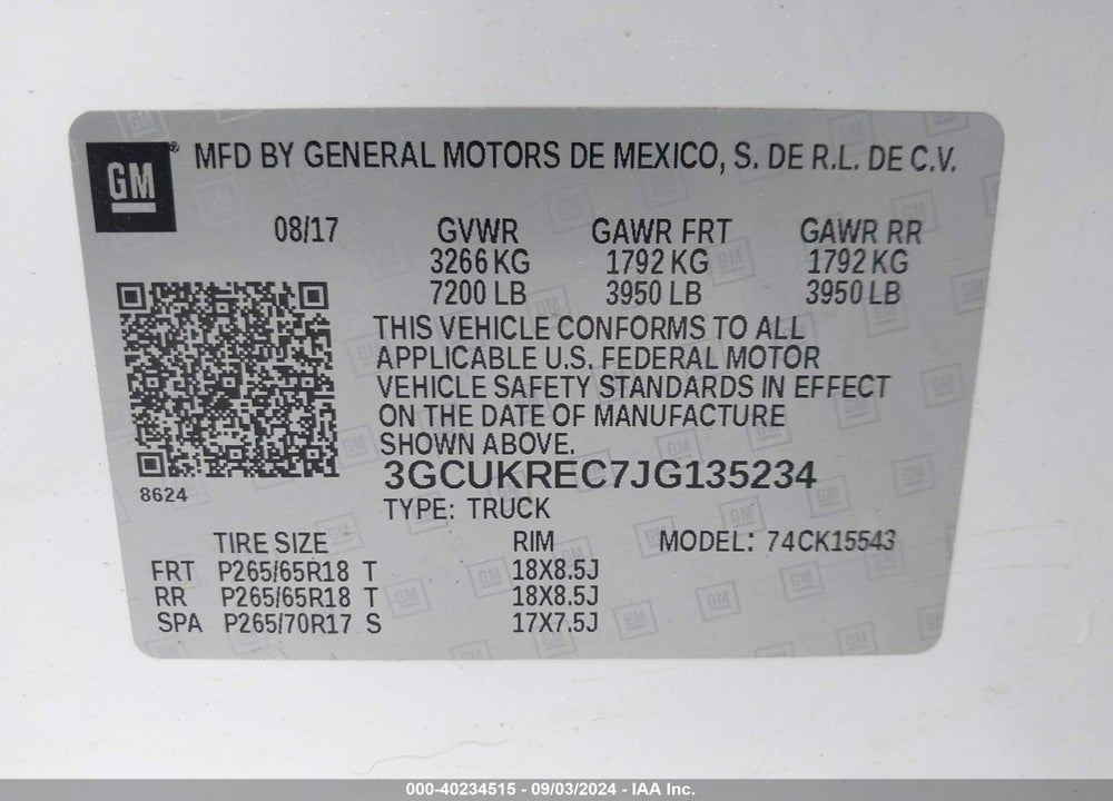 2018 CHEVROLET SILVERADO 1500 2LT VIN: 3GCUKREC7JG135234