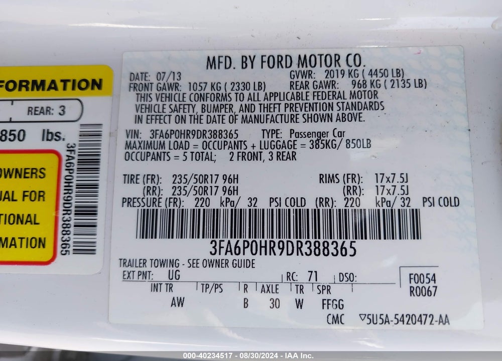 2013 FORD FUSION SE VIN: 3FA6P0HR9DR388365