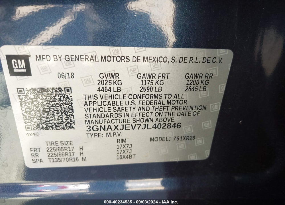 2018 CHEVROLET EQUINOX LT VIN: 3GNAXJEV7JL402846