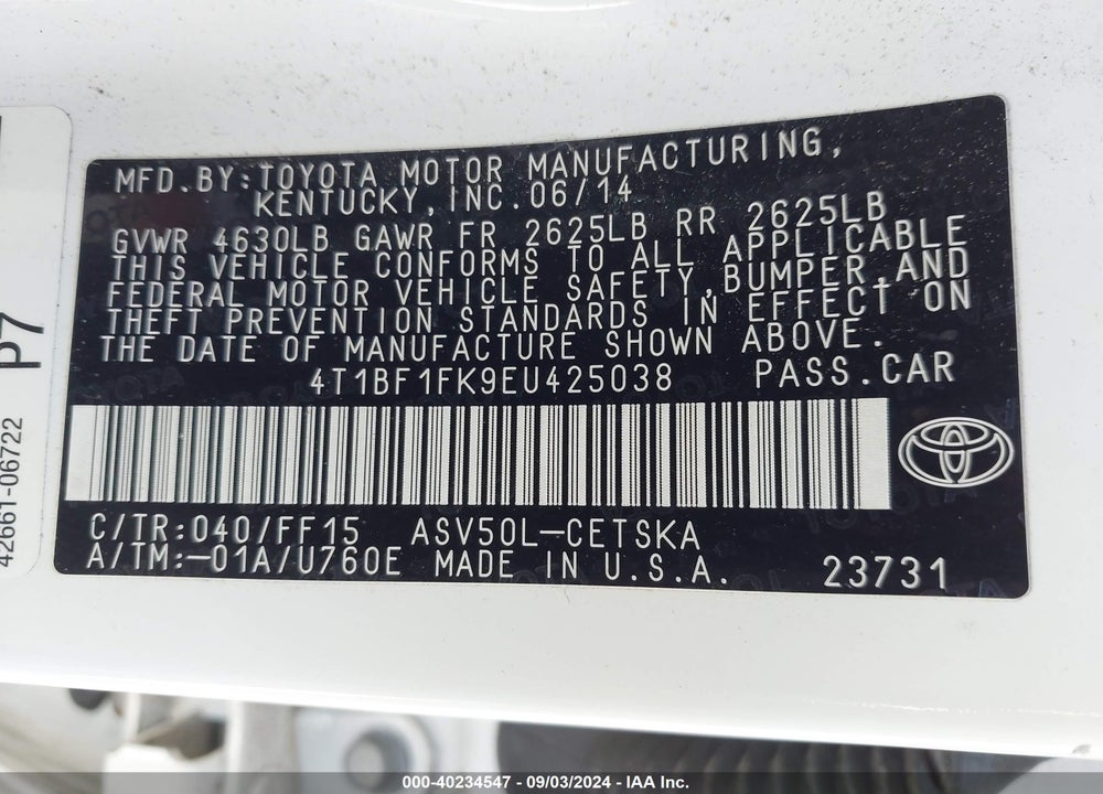 2014 TOYOTA CAMRY SE VIN: 4T1BF1FK9EU425038