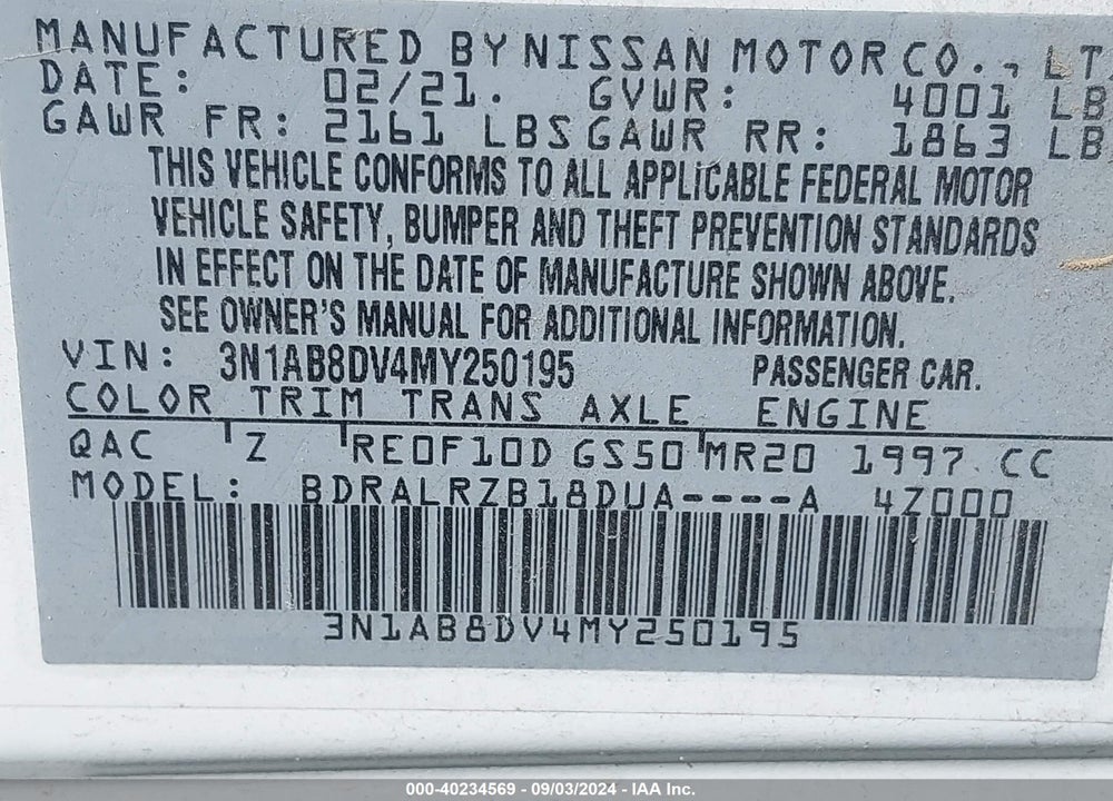2021 NISSAN SENTRA SR XTRONIC CVT VIN: 3N1AB8DV4MY250195