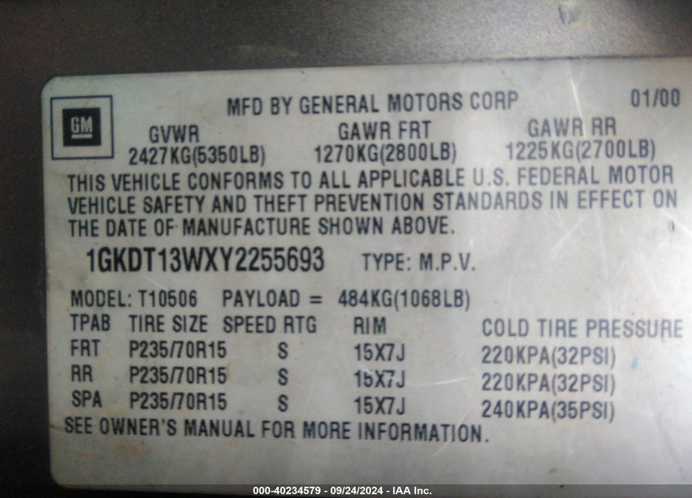 2000 GMC JIMMY SLE VIN: 1GKDT13WXY2255693