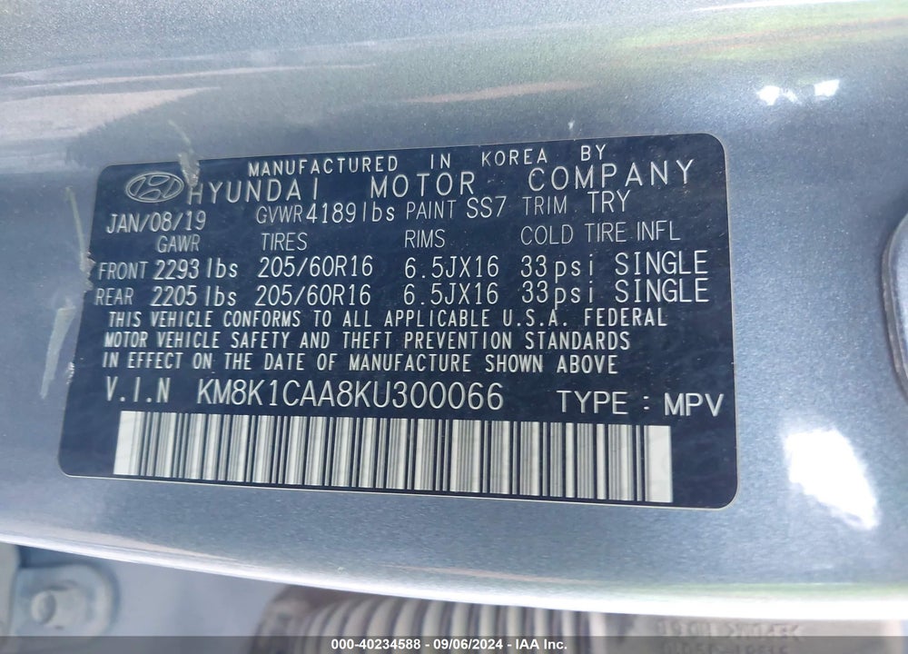 2019 HYUNDAI KONA SE VIN: KM8K1CAA8KU300066