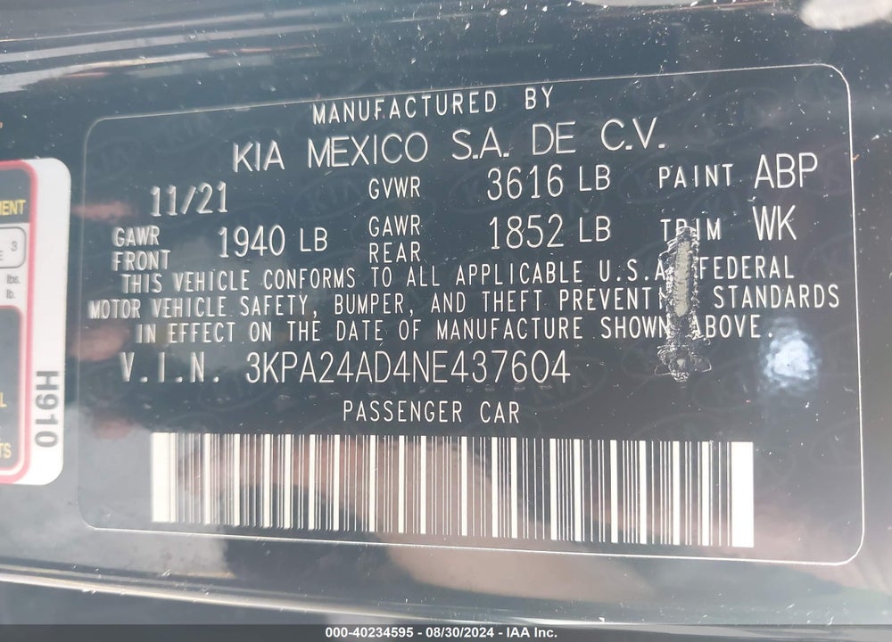 2022 KIA RIO VIN: 3KPA24AD4NE437604