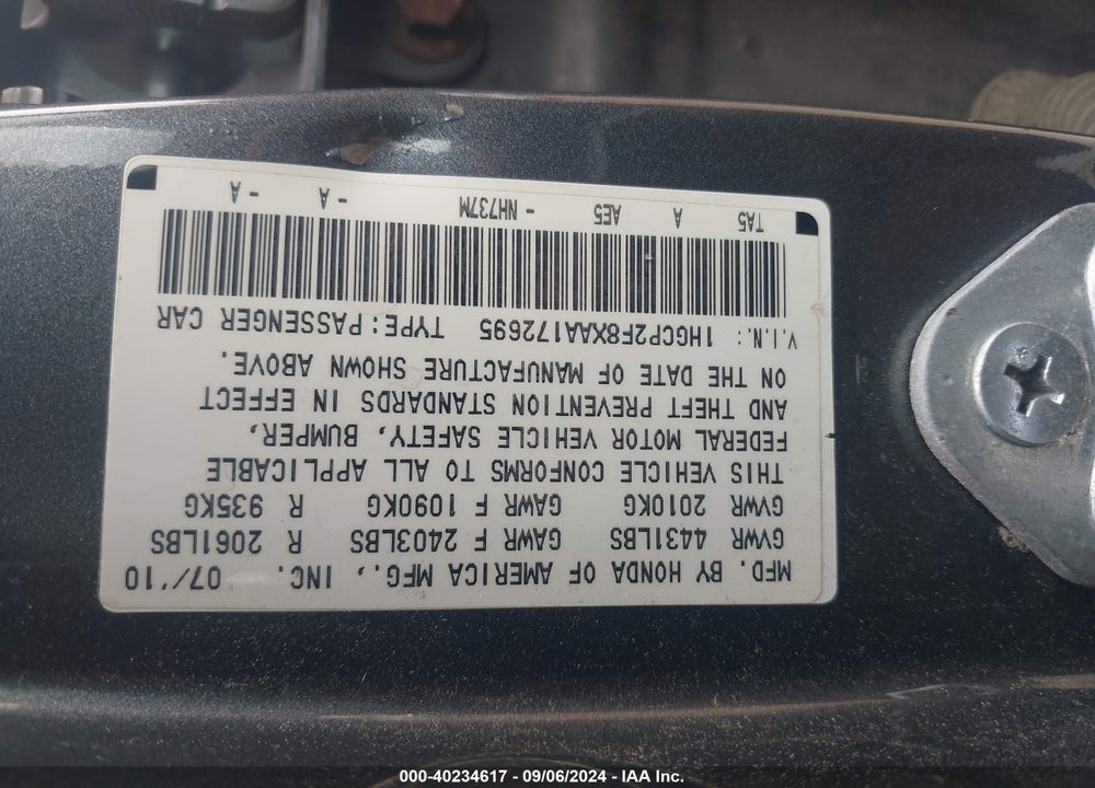 2010 HONDA ACCORD SDN VIN: 1HGCP2F8XAA172695