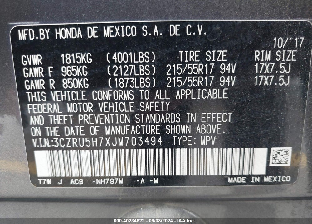 2018 HONDA HR-V EX-L VIN: 3CZRU5H7XJM703494