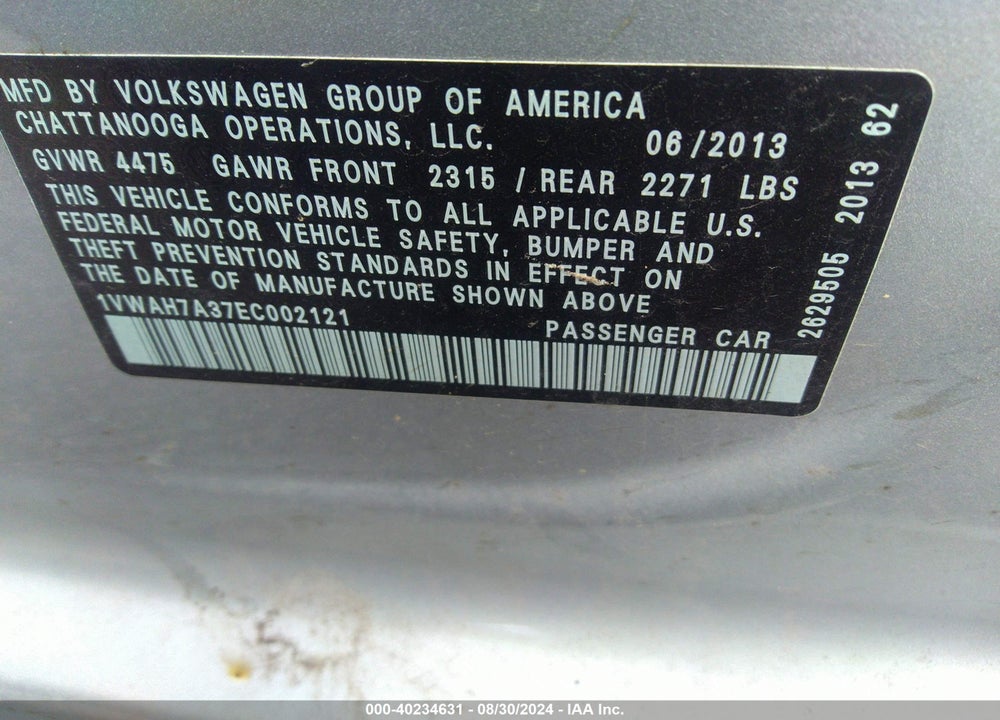 2014 VOLKSWAGEN PASSAT 2.5L WOLFSBURG EDITION VIN: 1VWAH7A37EC002121