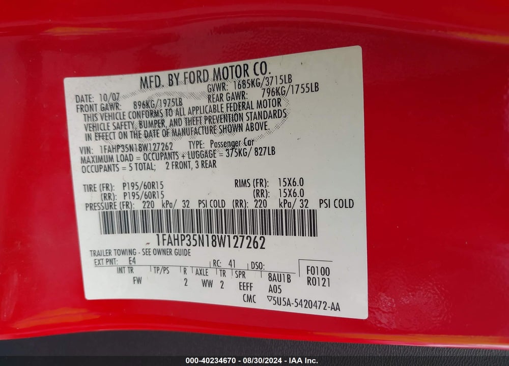 2008 FORD FOCUS SE/SES VIN: 1FAHP35N18W127262