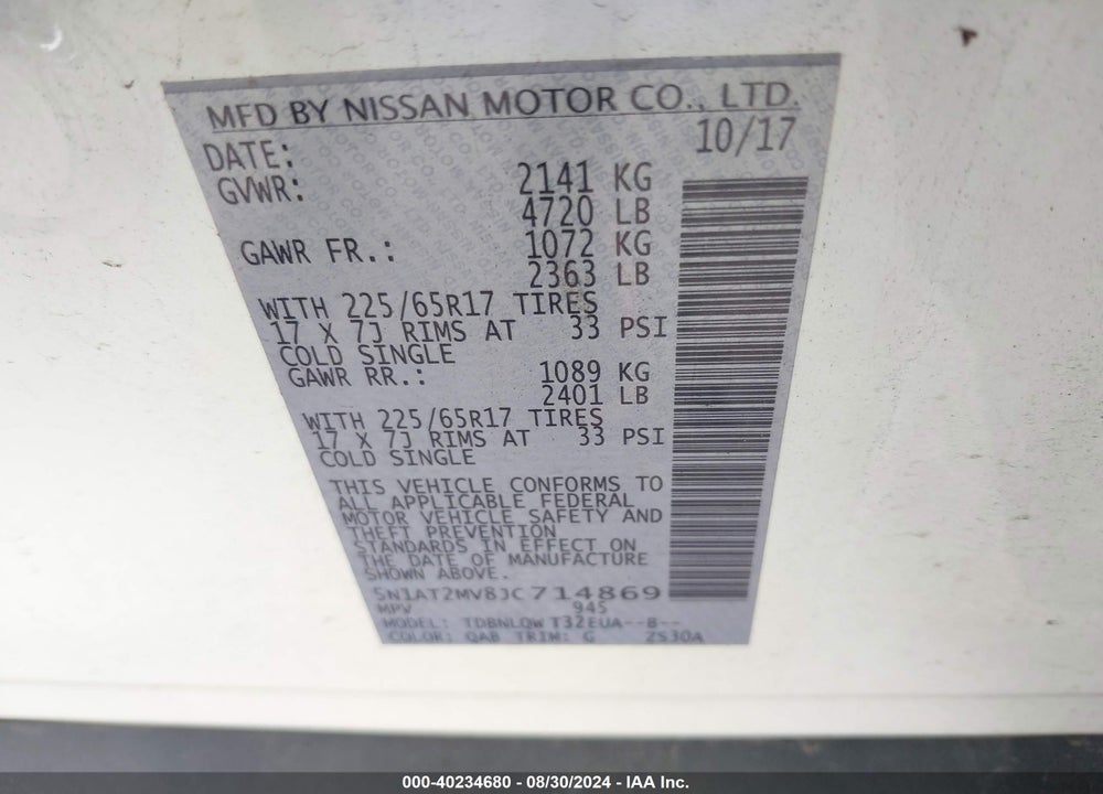2018 NISSAN ROGUE SV VIN: 5N1AT2MV8JC714869