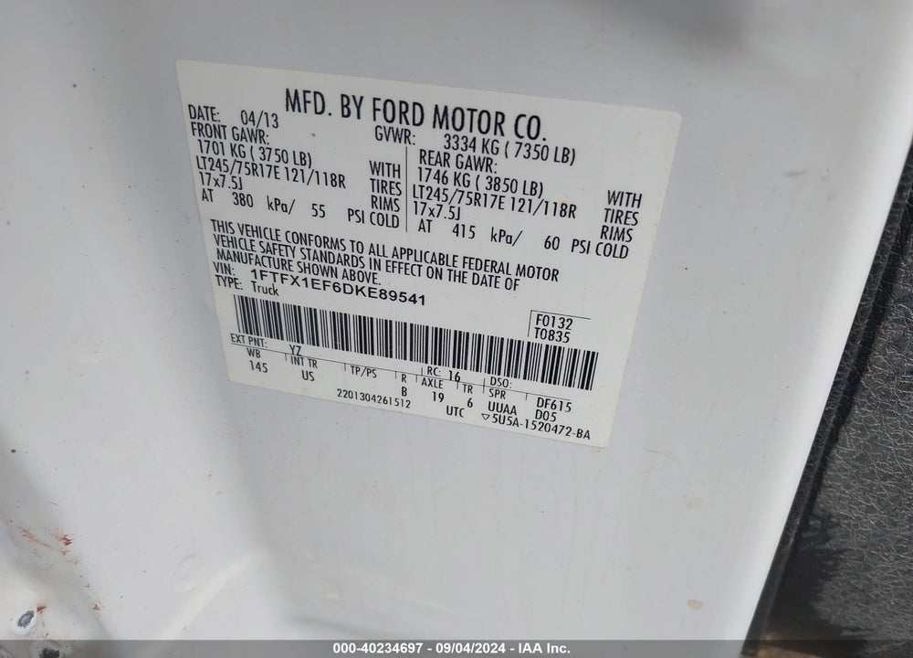 2013 FORD F-150 VIN: 1FTFX1EF6DKE89541