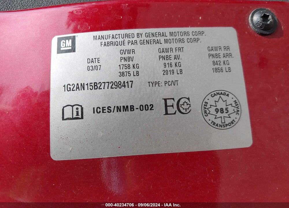 2007 PONTIAC G5 GT VIN: 1G2AN15B277298417