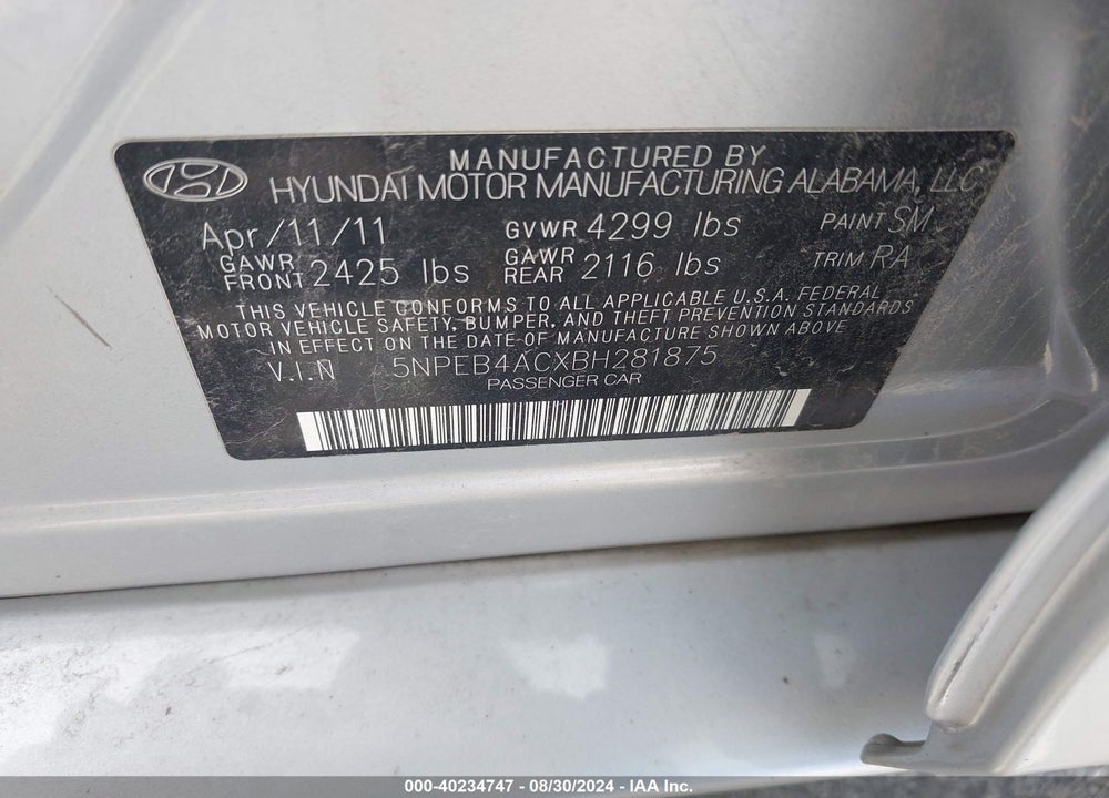 2011 HYUNDAI SONATA GLS VIN: 5NPEB4ACXBH281875