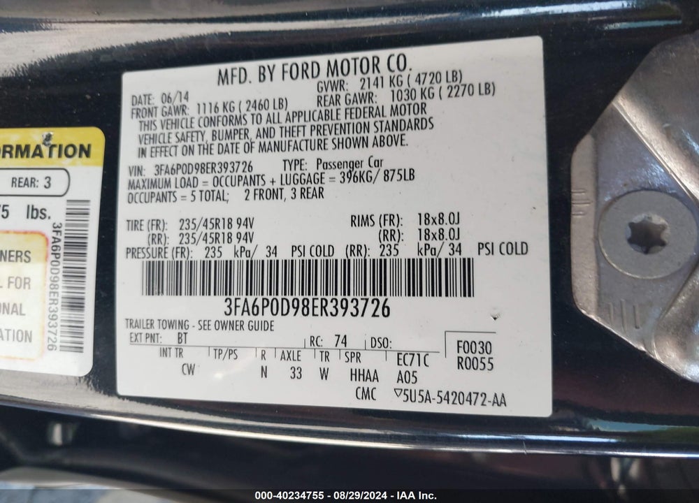 2014 FORD FUSION TITANIUM VIN: 3FA6P0D98ER393726