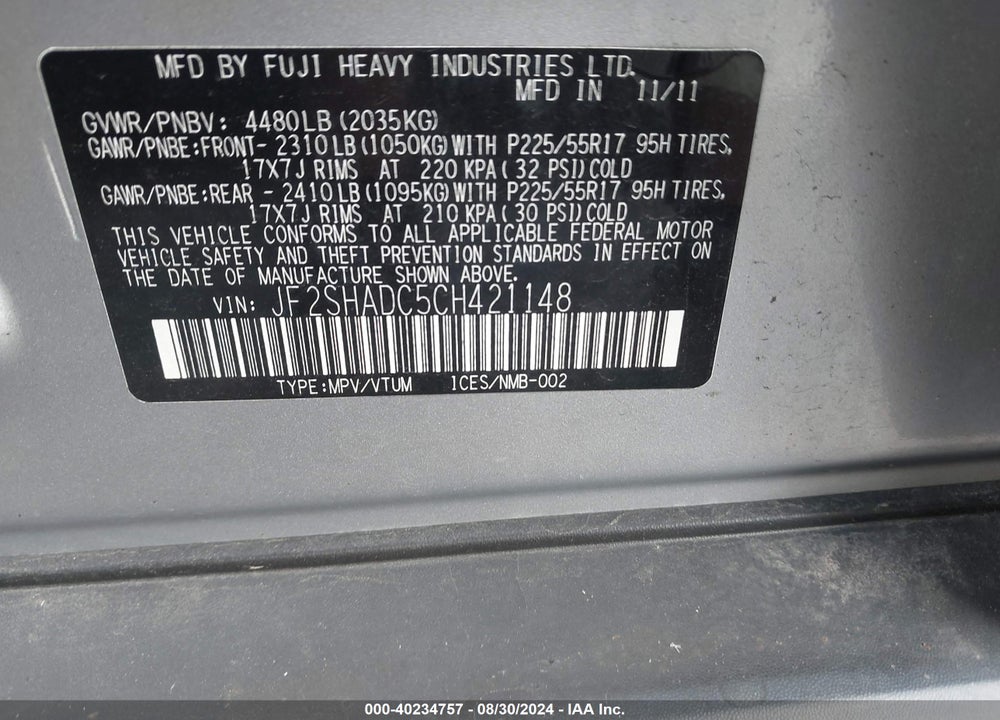 2012 SUBARU FORESTER 2.5X PREMIUM VIN: JF2SHADC5CH421148