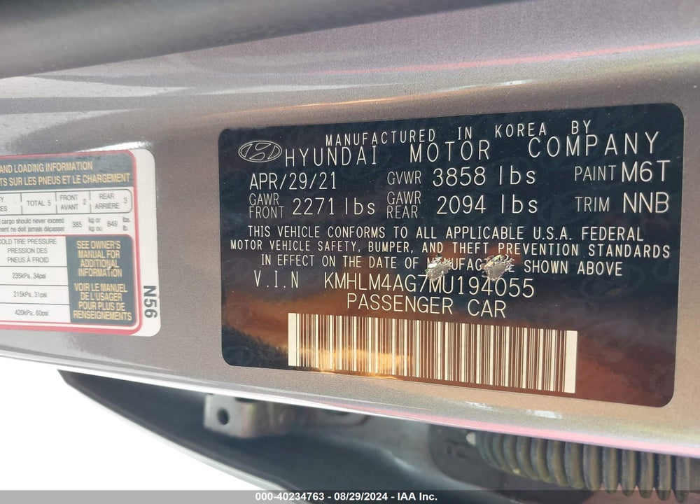 2021 HYUNDAI ELANTRA SEL VIN: KMHLM4AG7MU194055