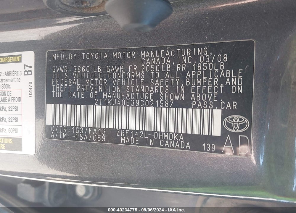 2009 TOYOTA MATRIX VIN: 2T1KU40E39C021587