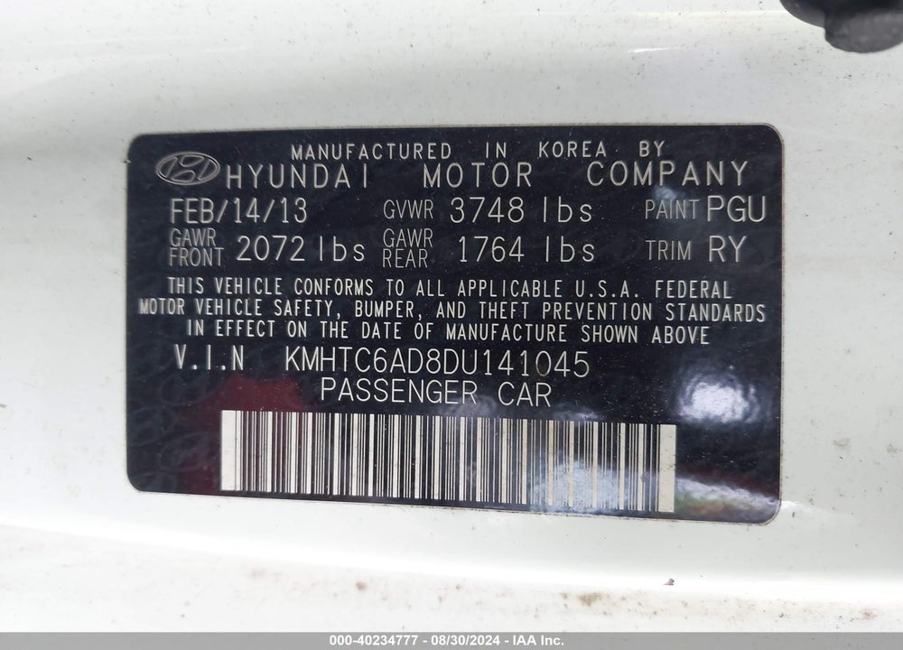 2013 HYUNDAI VELOSTER BASE W/BLACK VIN: KMHTC6AD8DU141045