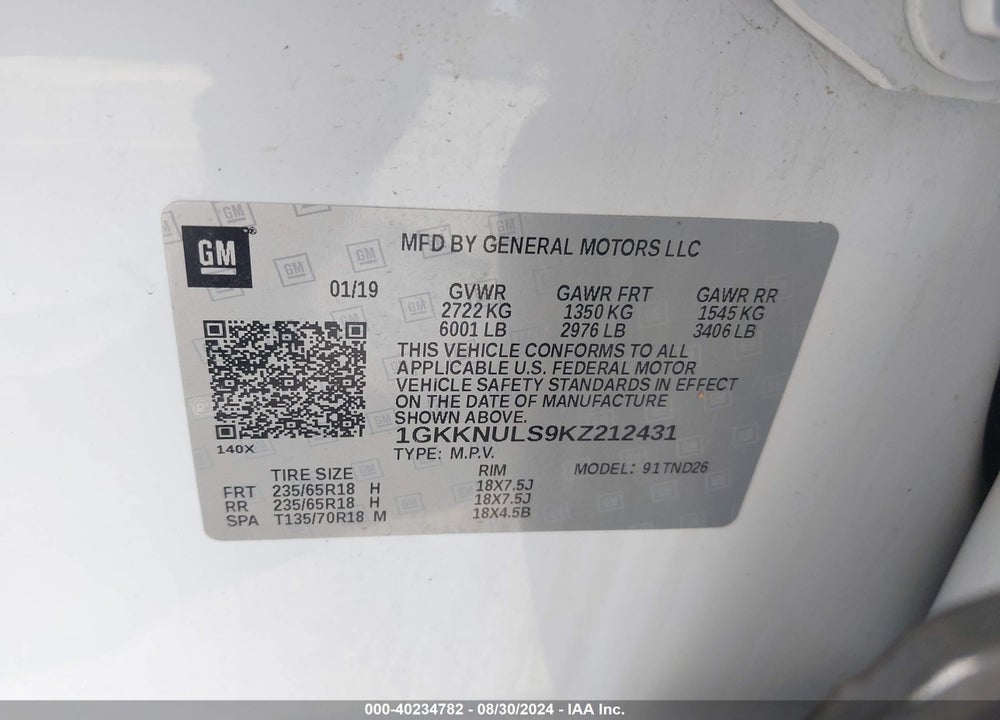 2019 GMC ACADIA SLT-1 VIN: 1GKKNULS9KZ212431