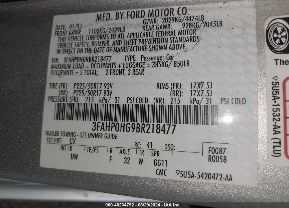 2011 FORD FUSION SE VIN: 3FAHP0HG9BR218477