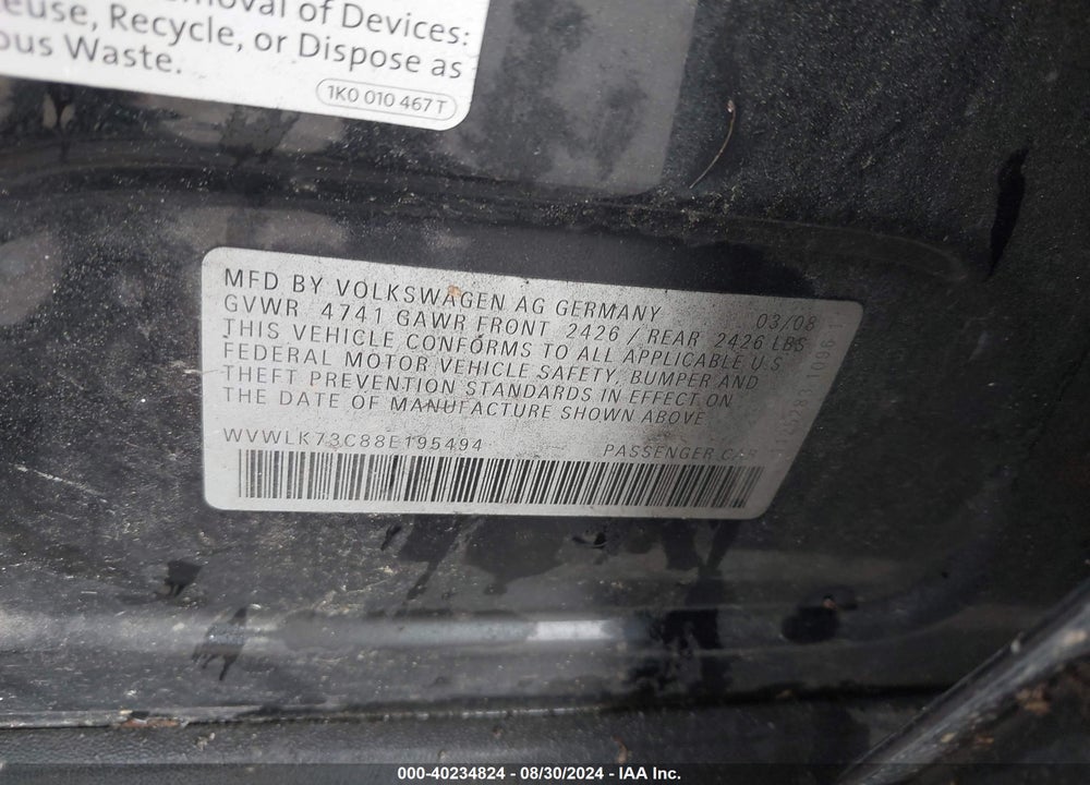 2008 VOLKSWAGEN PASSAT KOMFORT VIN: WVWLK73C88E195494